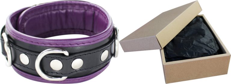 KONKURA ソフトパッド・ブラックボンデージ拘束首輪・ロック首輪 ブラック＆パープル・BDSM・SM・Purple & Black Leather Restraint Collar